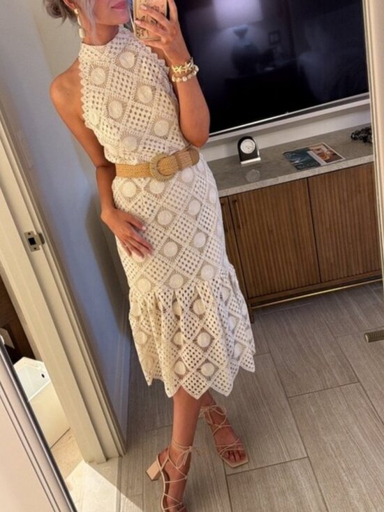 Dresses & Skirts - Women's White Crochet Lace Midi Dress Sleeveless Wedding Guest Party